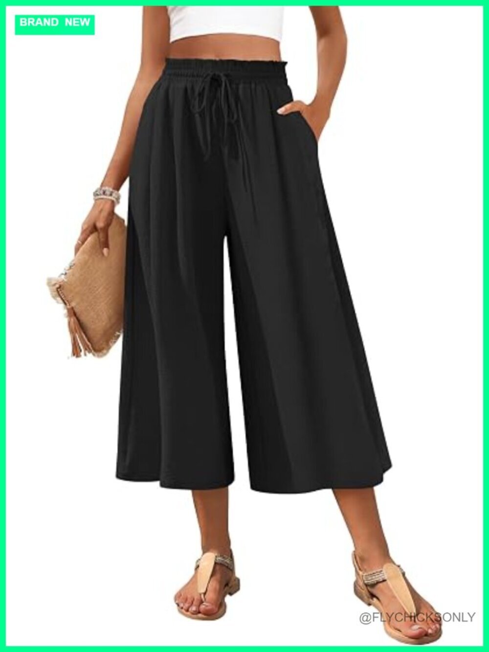Wide Leg Capri Gaucho Pants Flowy Palazzo Drawstring with Pockets